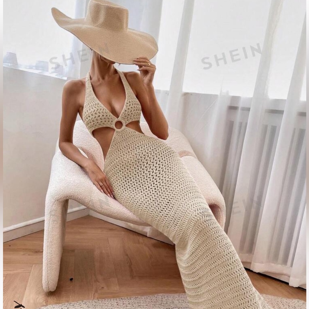 SHEIN VCAY Ring Linked Cut Out Tie Backless Sweater Dress
